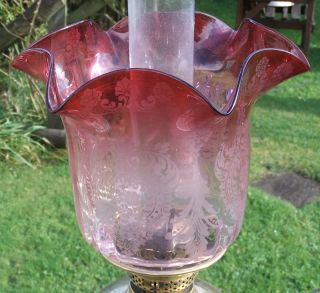 Acid Etched Cranberry Glass Oil Lamp Shade Victorian C.  1880 photo