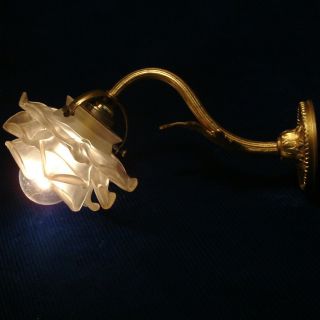 Antique Flower Petals Glass Shade Brass Gold Gilt Wall Light C1890 photo