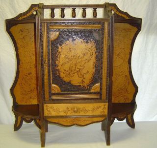 Antique Dragon Motif Pyrography Wall Hanging Cabinet Cupboard W/ Key Wood Wooden photo