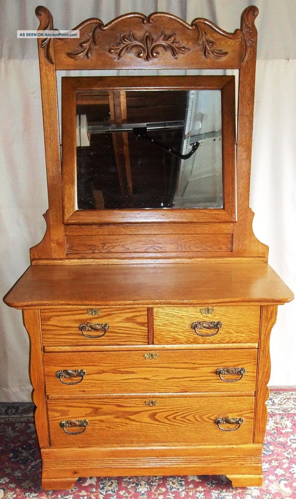 Antique Oak 2 Over 2 Drawer Dresser,  Applied Carvings,  Large Framed Tilt Mirror 1900-1950 photo