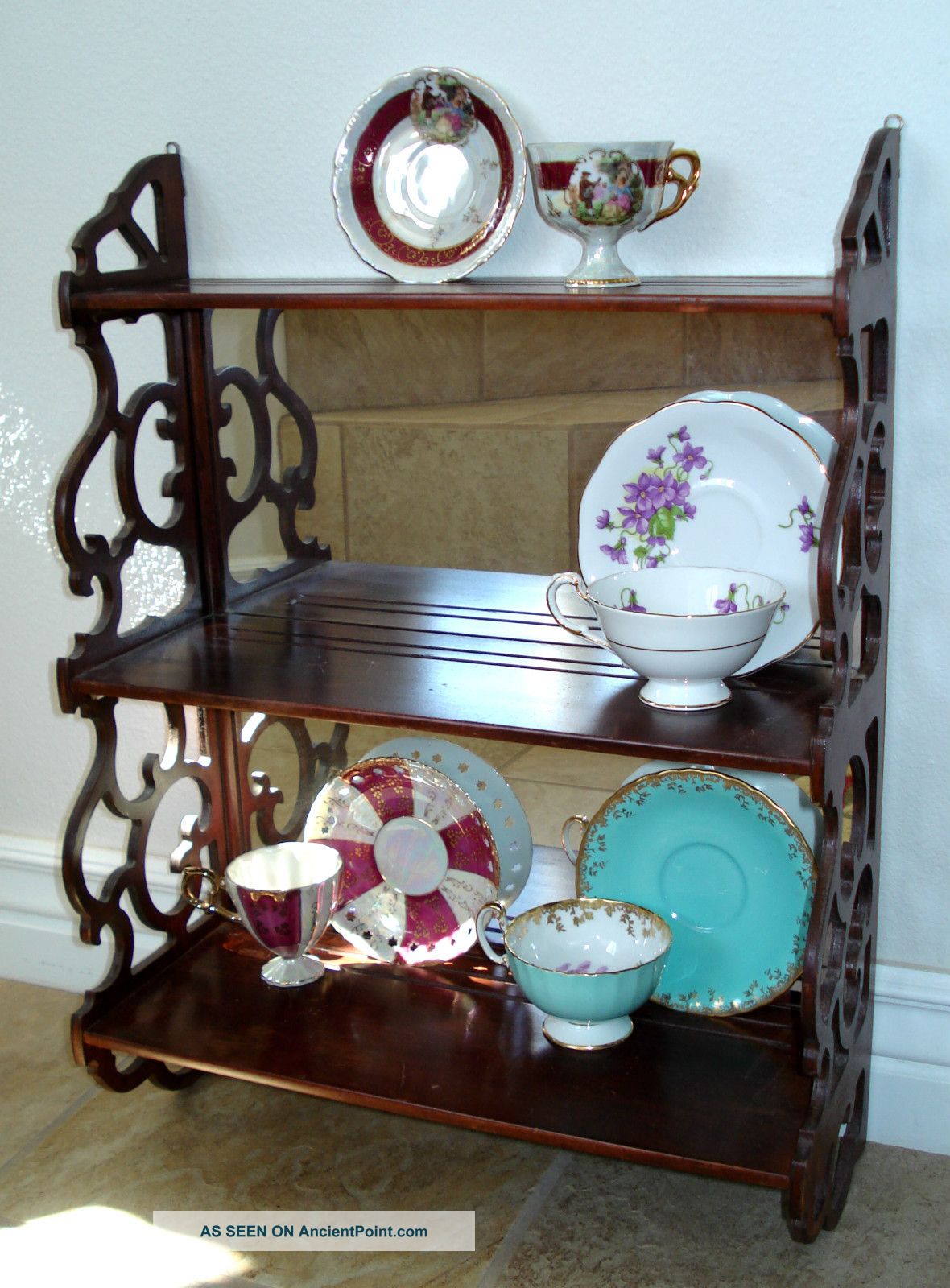 Antique Mirror & Wood Cup/plate Holder 3 Shelves Scrolled Trim - Contents Not Incl 1900-1950 photo