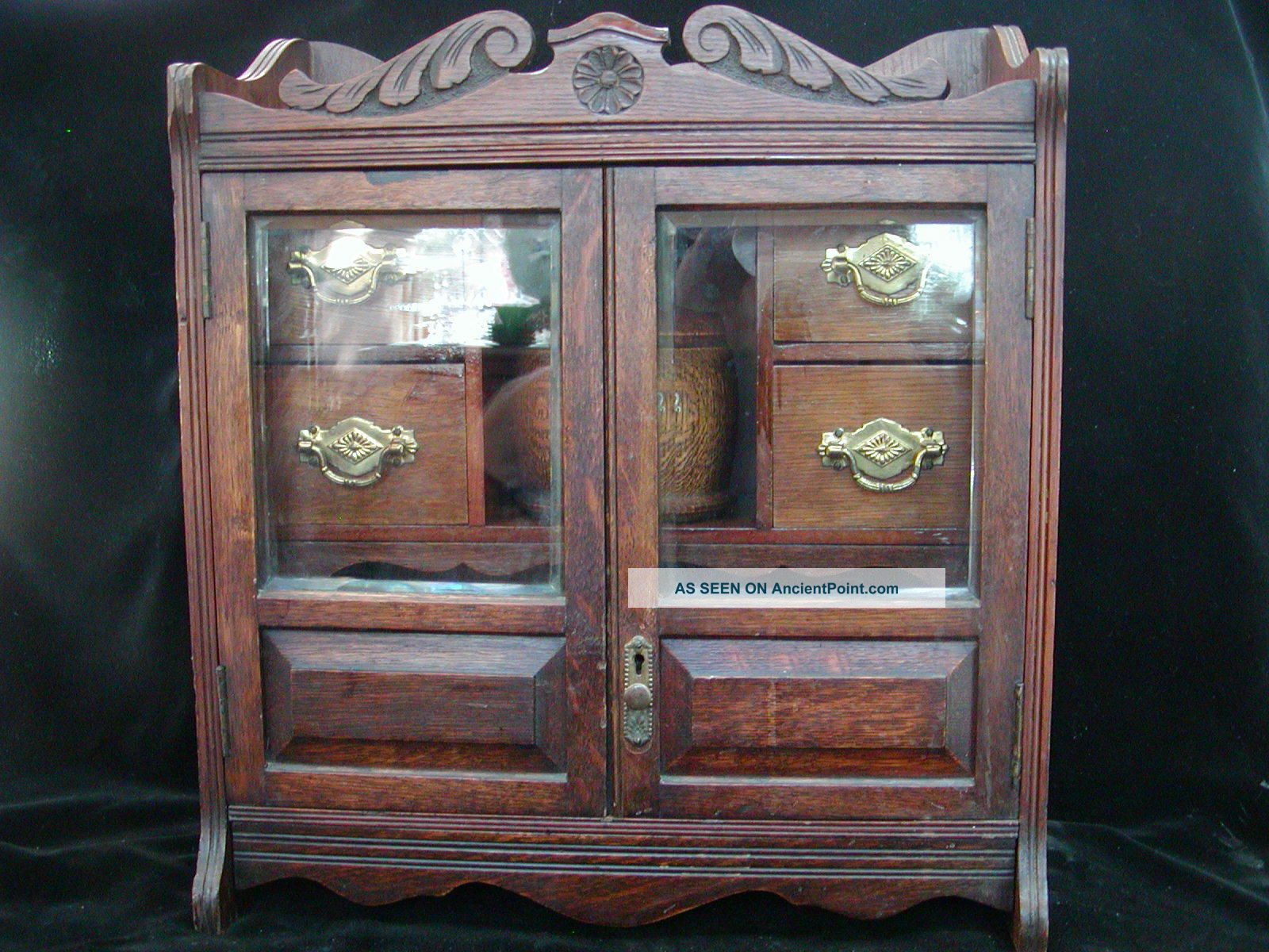 Antique Oak Smoking Pipe Cabinet Tabletop W/ Humidor Beveled Glass 1900-1950 photo