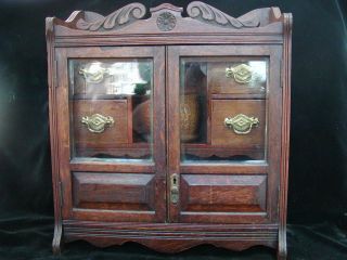 Antique Oak Smoking Pipe Cabinet Tabletop W/ Humidor Beveled Glass photo