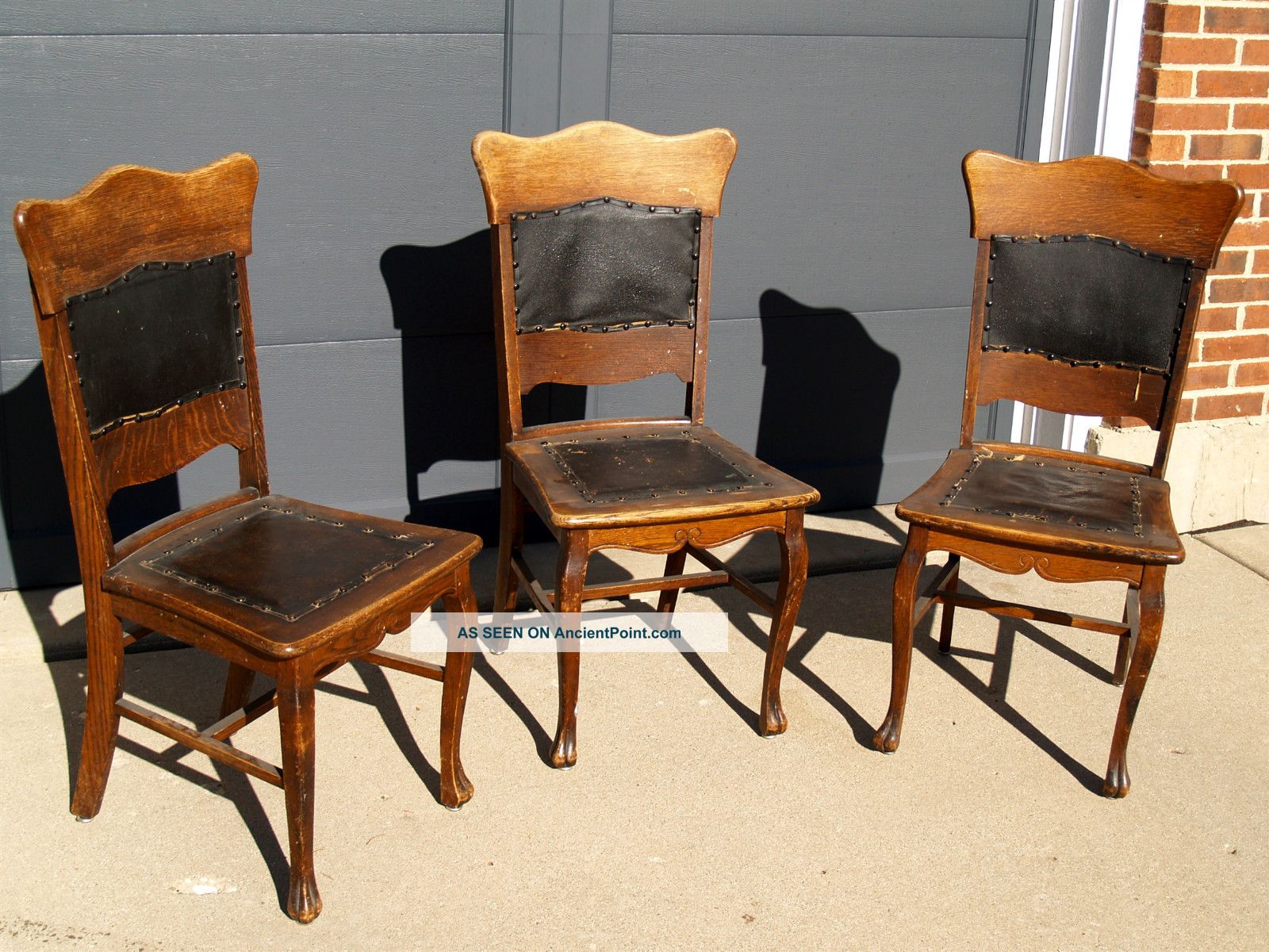 3 High - Backed Dining Chairs - Solid Oak - Early 1900s - Padded Seats & Backs 1900-1950 photo