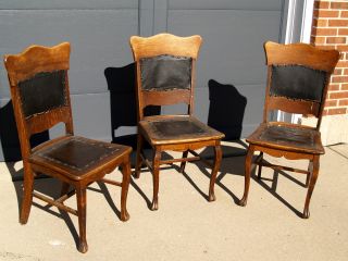 3 High - Backed Dining Chairs - Solid Oak - Early 1900s - Padded Seats & Backs photo