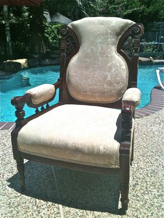 @@@antique Oversized Chair W/original Casters,  Carved Wood Gorgeous @@ photo