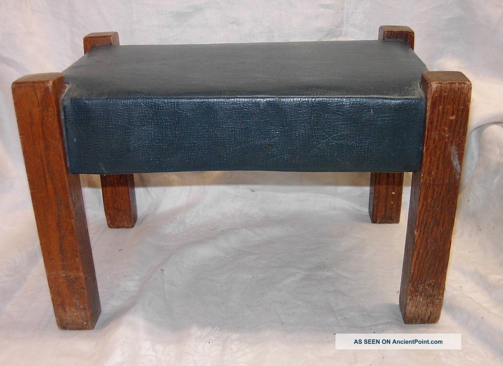 Antique Oak Mission Style Footstool Foot Stools Blue Leather Top 1900-1950 photo
