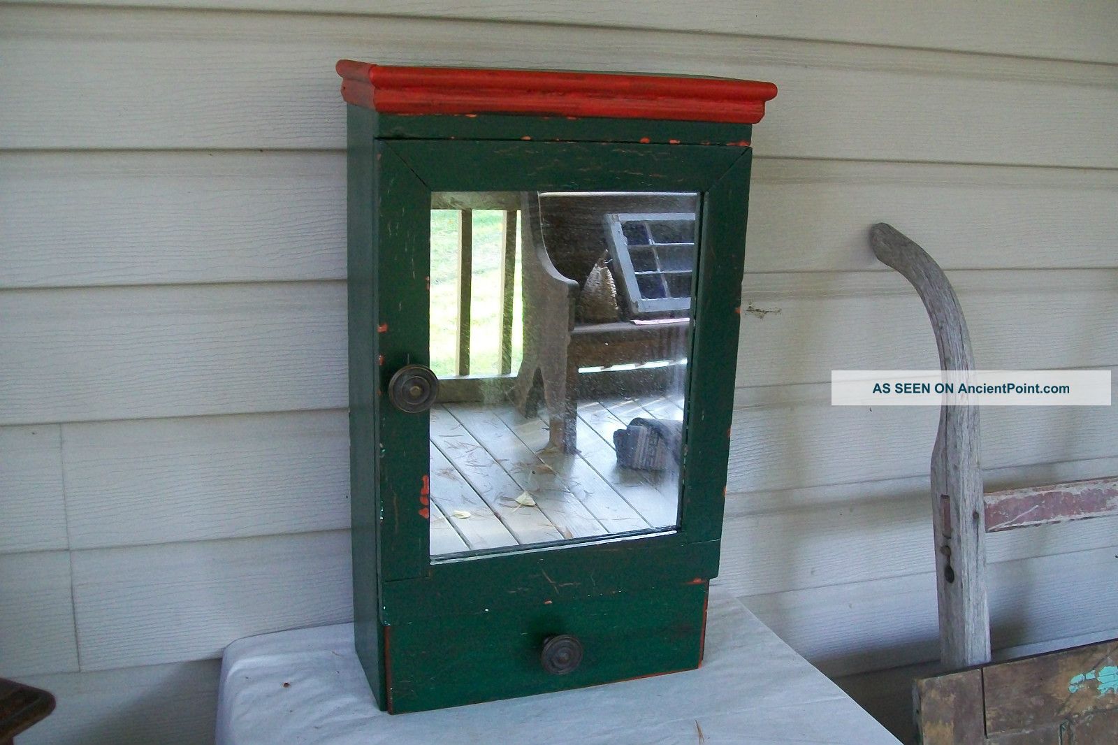 Old Wall Cupboard,  Old Green And Red Paint Estate Sale Find Primitives photo
