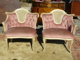 Antique French Louis Xvi Tete A Tete Parlor Chairs Button Tufted Cane Backs photo