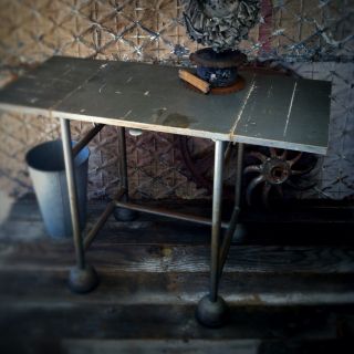 Old Industrial Metal Factory Table,  Antique/vtg Drop Leaf Steel Work Side photo