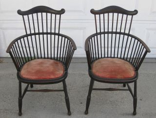 Old Antique Pair Of American Comb Fan Back Windsor Arm Chairs W Velvet Seats photo