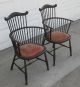 Old Antique Pair Of American Comb Fan Back Windsor Arm Chairs W Velvet Seats 1800-1899 photo 1