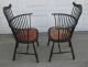 Old Antique Pair Of American Comb Fan Back Windsor Arm Chairs W Velvet Seats 1800-1899 photo 5