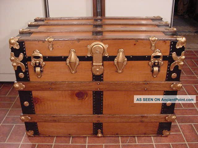 Refinished Flat Top Steamer Trunk Antique Chest With Working Lock & Key & Tray 1800-1899 photo