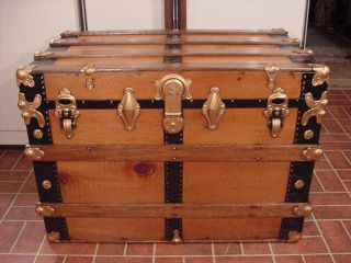 Refinished Flat Top Steamer Trunk Antique Chest With Working Lock & Key & Tray photo