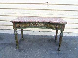 50141 Vintage Paint Decorated Marble Top Low Console Table W/drawer photo