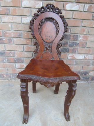 Late 19th,  Early 20th Century Carved Walnut Black Forest Inlaid Marquetry Chair photo