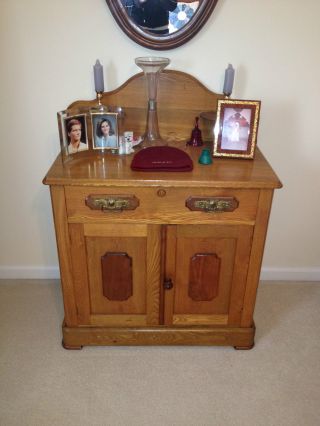 Antique Primative Oak Wash Basin Stand Cabinet Vanity Early Mid - 1900 Excellent photo