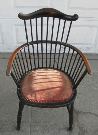 Old Antique American Comb Fan Back Windsor Arm Chair W Spring Loaded Velvet Seat photo