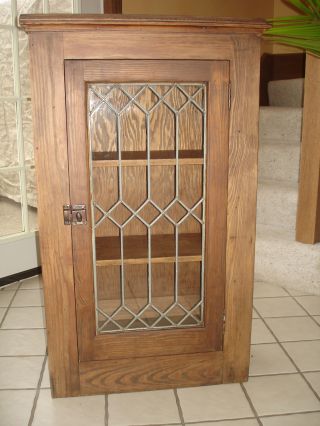 Antique Pine Cabinet Cupboard Bookshelf Fireplace Mantel Bookcase Leaded Glass photo