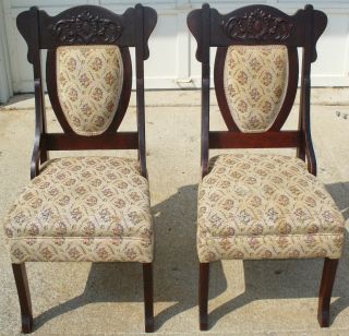 Pair Of Ornate Upholstered Antique Victorian Mahogany Parlor Chairs photo