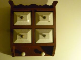 Vtg Wood Apothecary Box Or Spice Cabinet With Porcelain Drawers Wall Cabinet photo