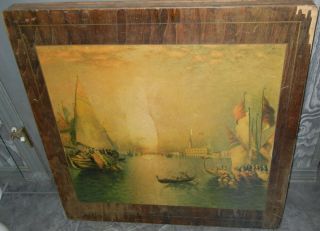 Antique,  Vintage Wooden Card Table W Design Of Sailing Ships By: Dige Ribcowsky photo