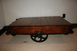 Vintage Industrial Railroad Cart Coffee Table Restored Factory Cart photo