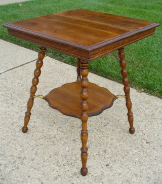 Antique Victorian Era - 2 Tier - Tiger Oak Side Table With Spiral Legs photo