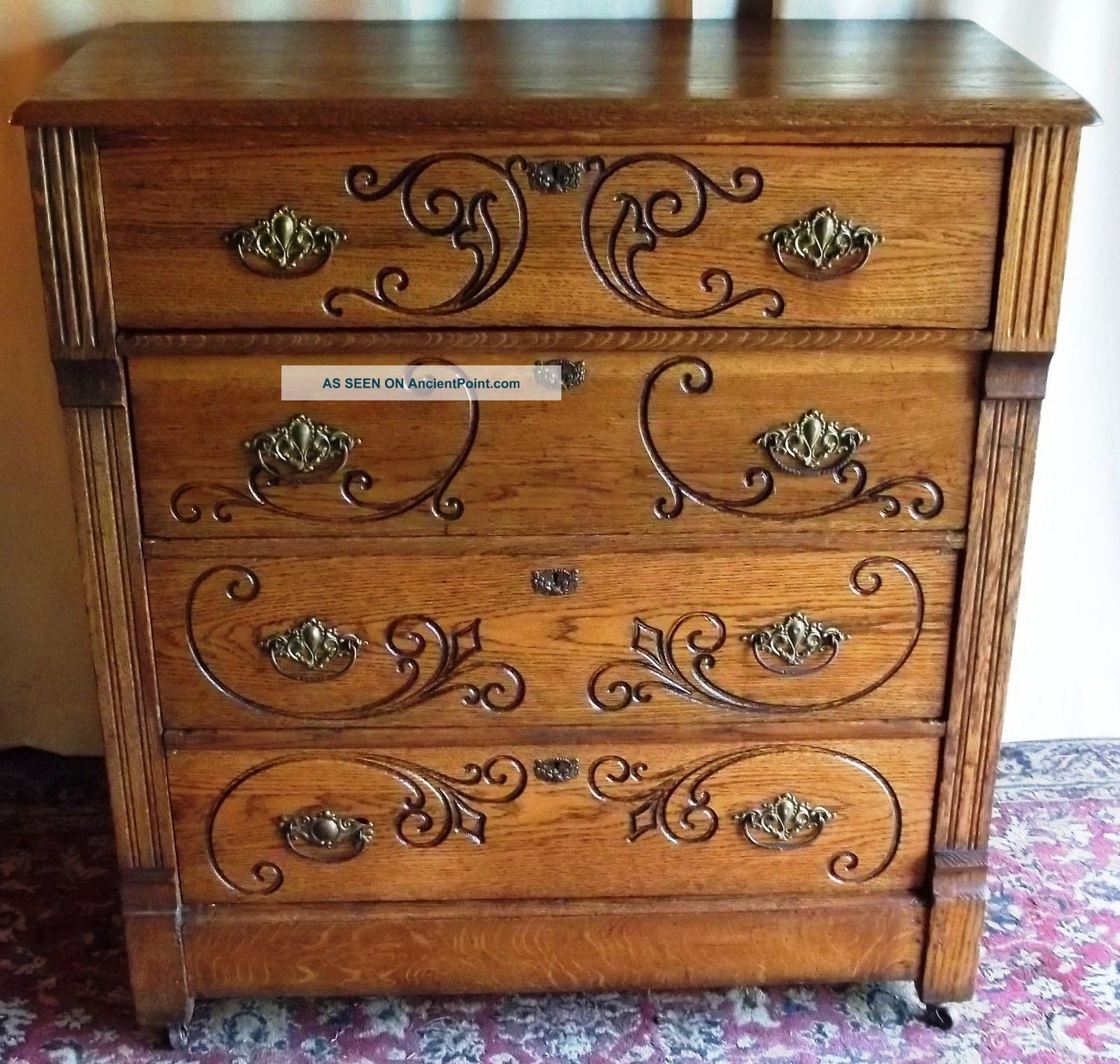 Antique Tall Four Drawer Oak Chest/ Dresser With Engraved Scroll Accents 1900-1950 photo