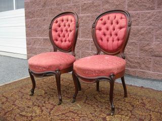 2 Antique Victorian Balloon Back Fireside Parlor Chairs Button Tuft Walnut Frame photo
