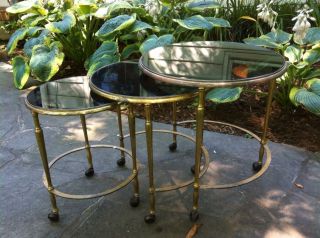 Vintage Retro Hollywood Regency Set Of 3 Round Brass Nesting Tables photo