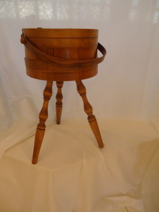 Vintage American Wooden Three Leg Footed Barrel Wood Sewing Box Stand photo