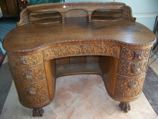 Vintage Hand Carved Tiger Oak Wood Desk With Lion Claw Feet. . .  Early 1900 ' S photo