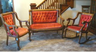 Tiger Oak Parlor Set W/ Red Velvet Upholstery,  Settee,  Armchair,  Rocking Chair photo