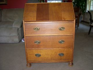 Antique Oak Drop Down Desk With Three Drawers photo