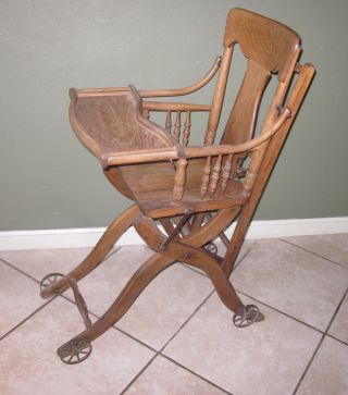 Antique 1800 ' S Oak Folding High Chair Stroller Complete - photo