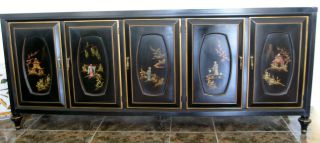 Sideboard Cabinet/ Buffet 100% Wood Black Col.  & Colorful Chinese Ornaments photo