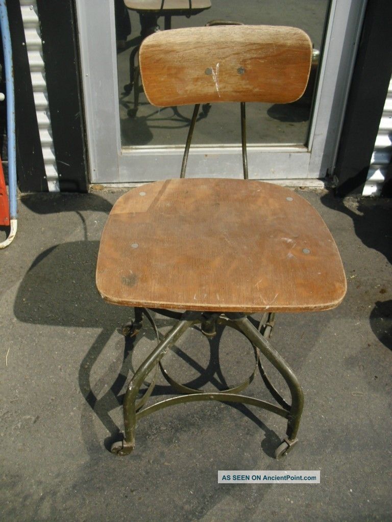 Vintage Uhl Steel Posture Industrial Drafting Rolling Chair Wood Metal Office 1900-1950 photo