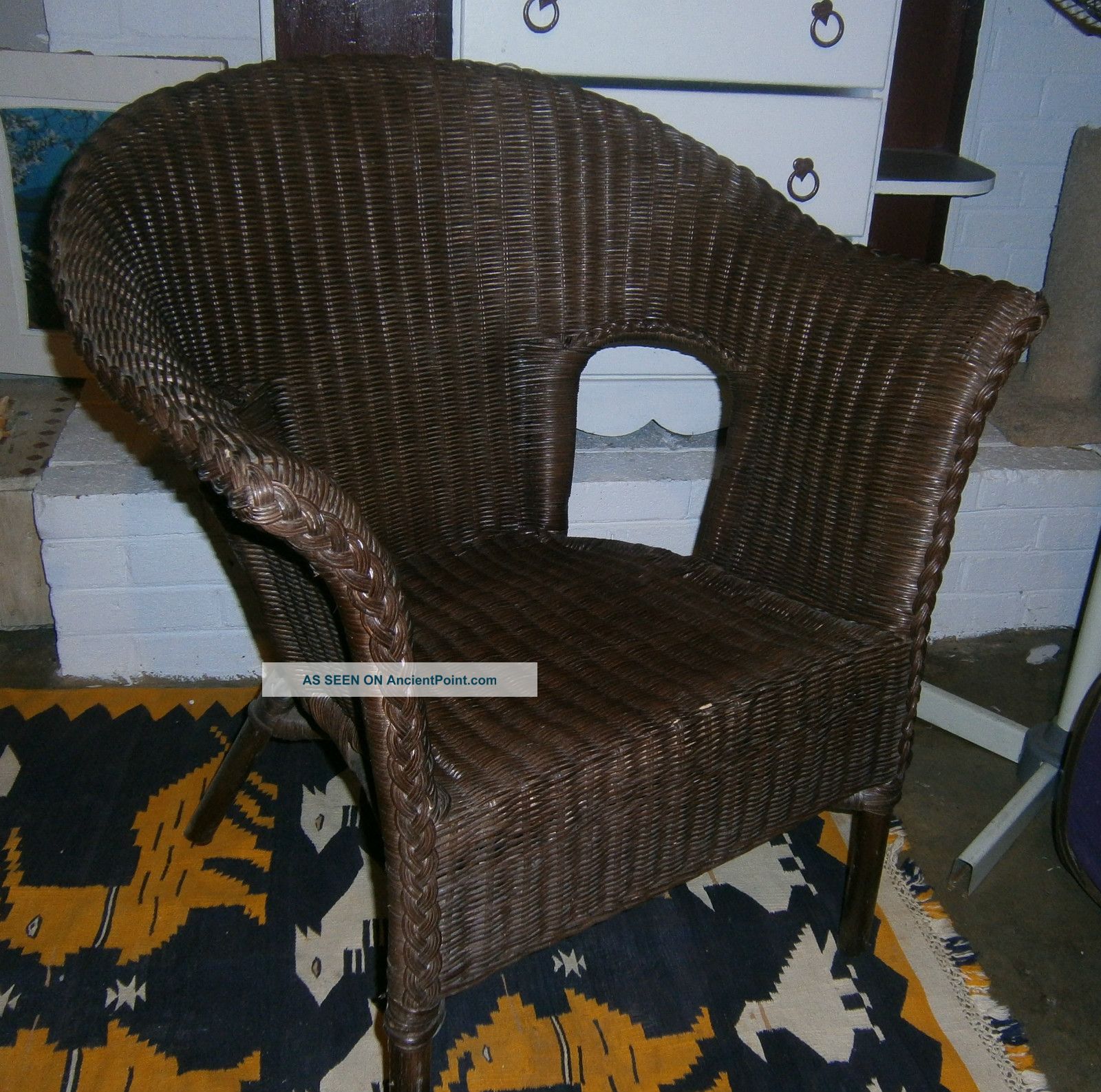 Vintage Estate Wicker Lounge Home Patio Chair Brown Rolled Rounded Arms Sturdy 1900-1950 photo