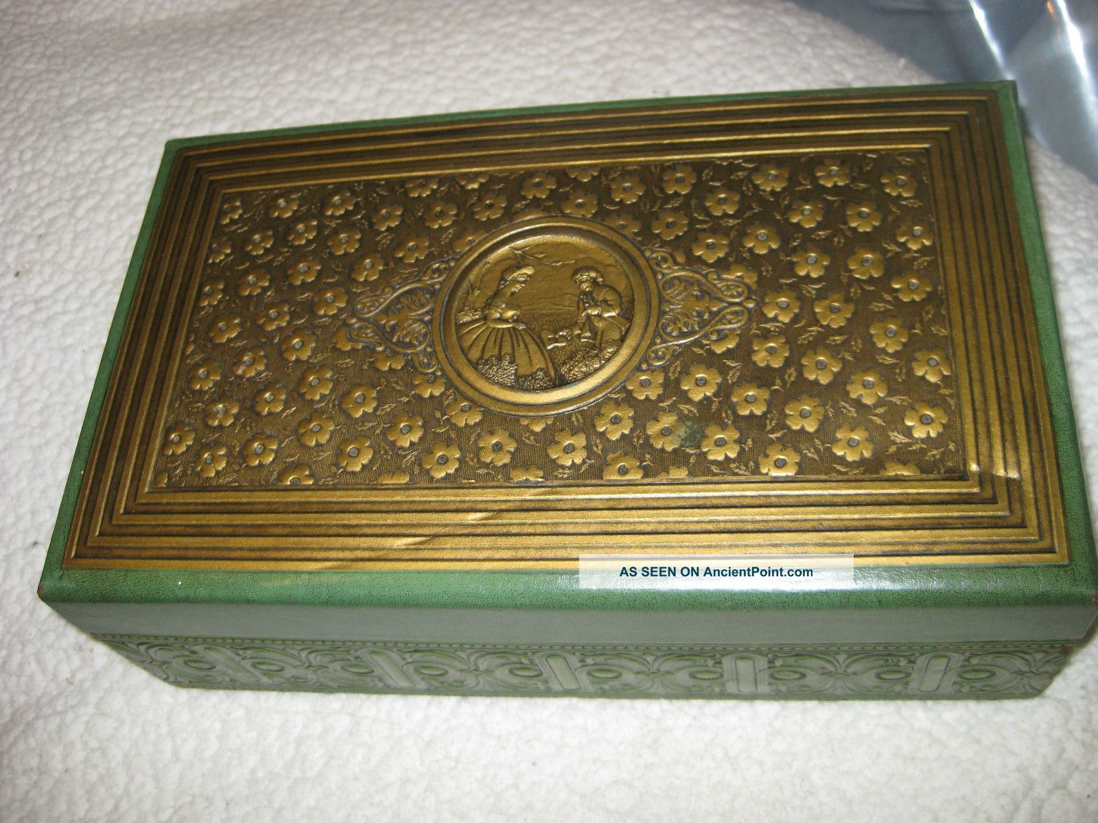 Antique 1930 ' S Green Embossed Gold Jewelry Box Inside Mirror Other photo