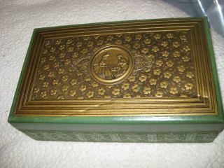 Antique 1930 ' S Green Embossed Gold Jewelry Box Inside Mirror photo