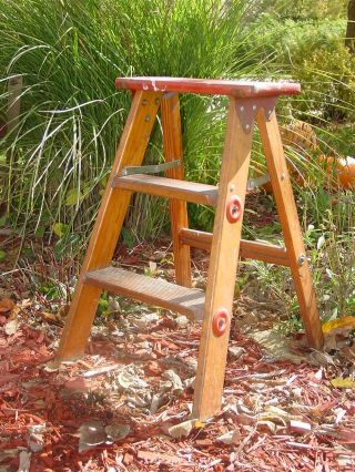 Vintage Primitive Wood Folding Step Stool 2 Step Ladder Fold Out Ladder Country photo