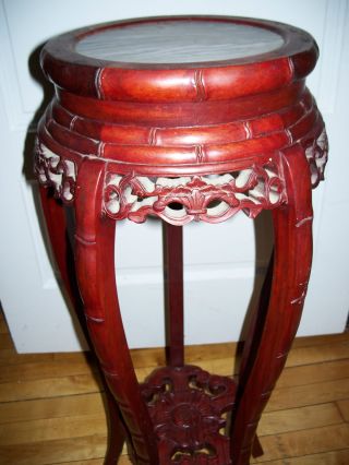 Antique Asian Table.  Craved Beautifully.  No Nails.  Bamboo Look And Marble Top. photo
