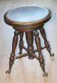Antique Tonk Wood Swivel Piano Organ Stool Claw & Glass Ball Feet Round Seat 19 