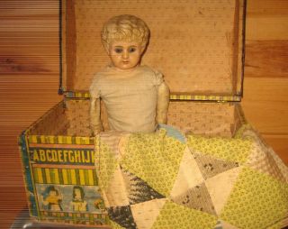 Antique Abc Paper Litho Doll Trunk With Alphabet & Children photo