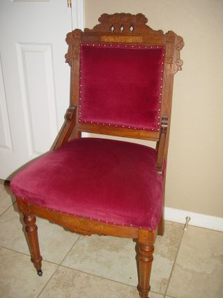Antique Victorian Eastlake Red Velvet Carved Solid Wood Chair photo