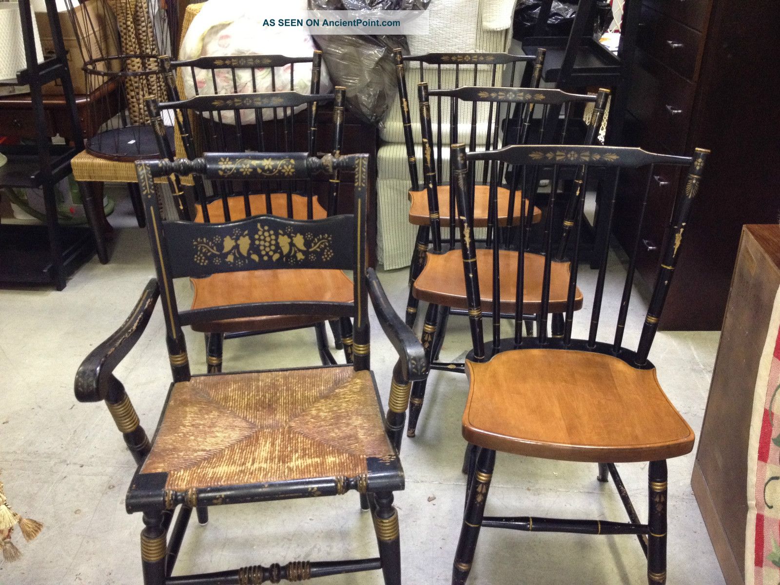 5 Hitchcock Stick Back Chairs Black With Stenciling Signed &1 Armchair (6 Chairs) 1900-1950 photo