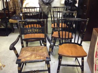 5 Hitchcock Stick Back Chairs Black With Stenciling Signed &1 Armchair (6 Chairs) photo