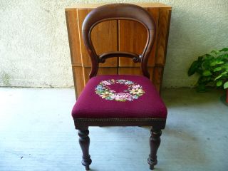 Vintage Victorian Carved Mahagony Side Chair With Needlepoint Seat photo